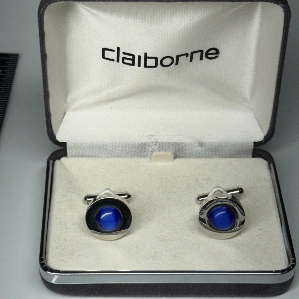 Claiborne Silver Tone Cufflinks Blue Gemstone Elegant Formal‎ Accessory